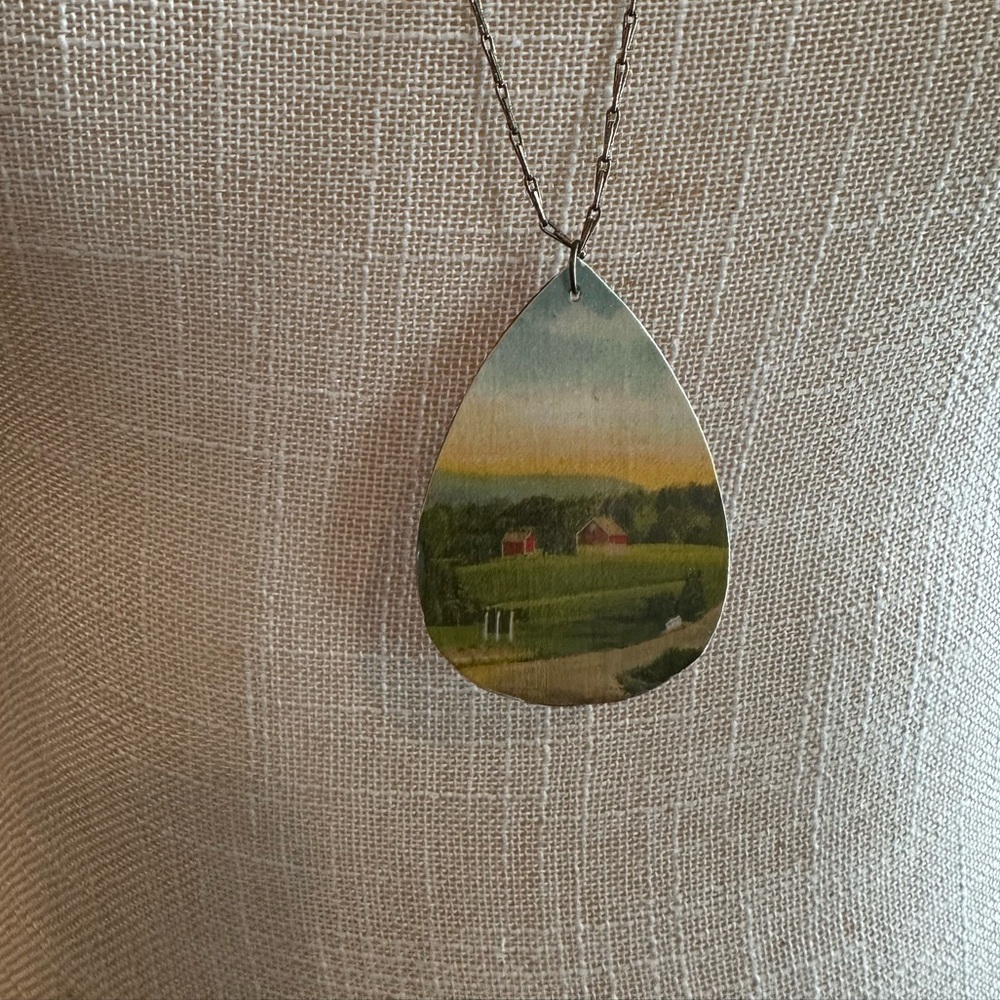 Silver Pendant Necklace with farm Landscape Design